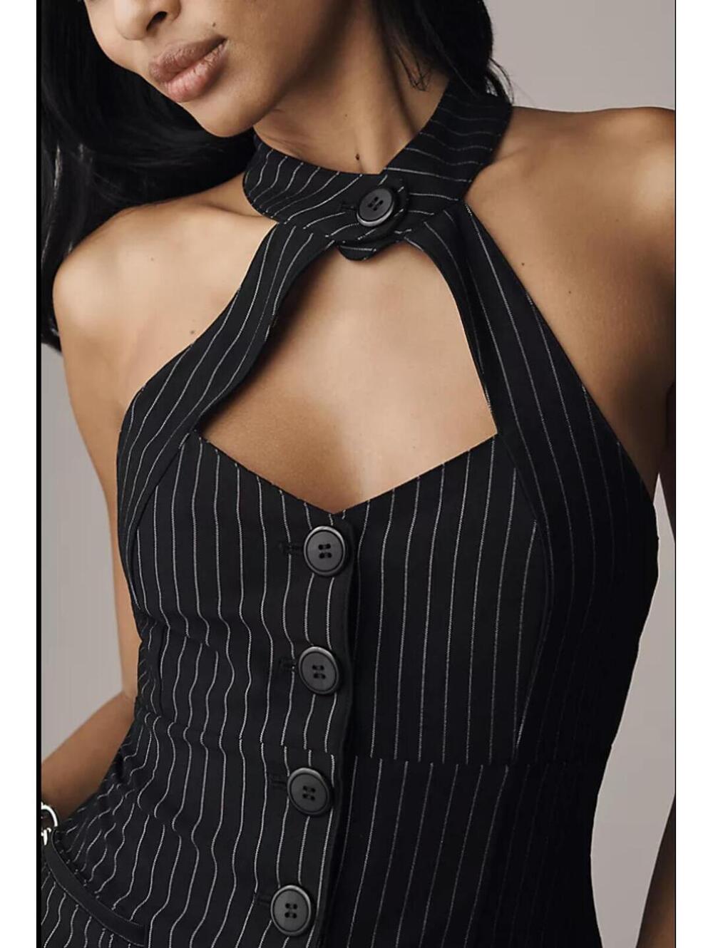Anthropologie Pinstripe Halter Top Black White Button Front Vest Size Large